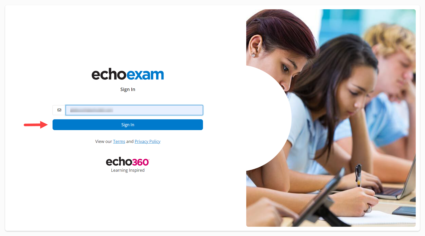 EchoExam log in screen as described