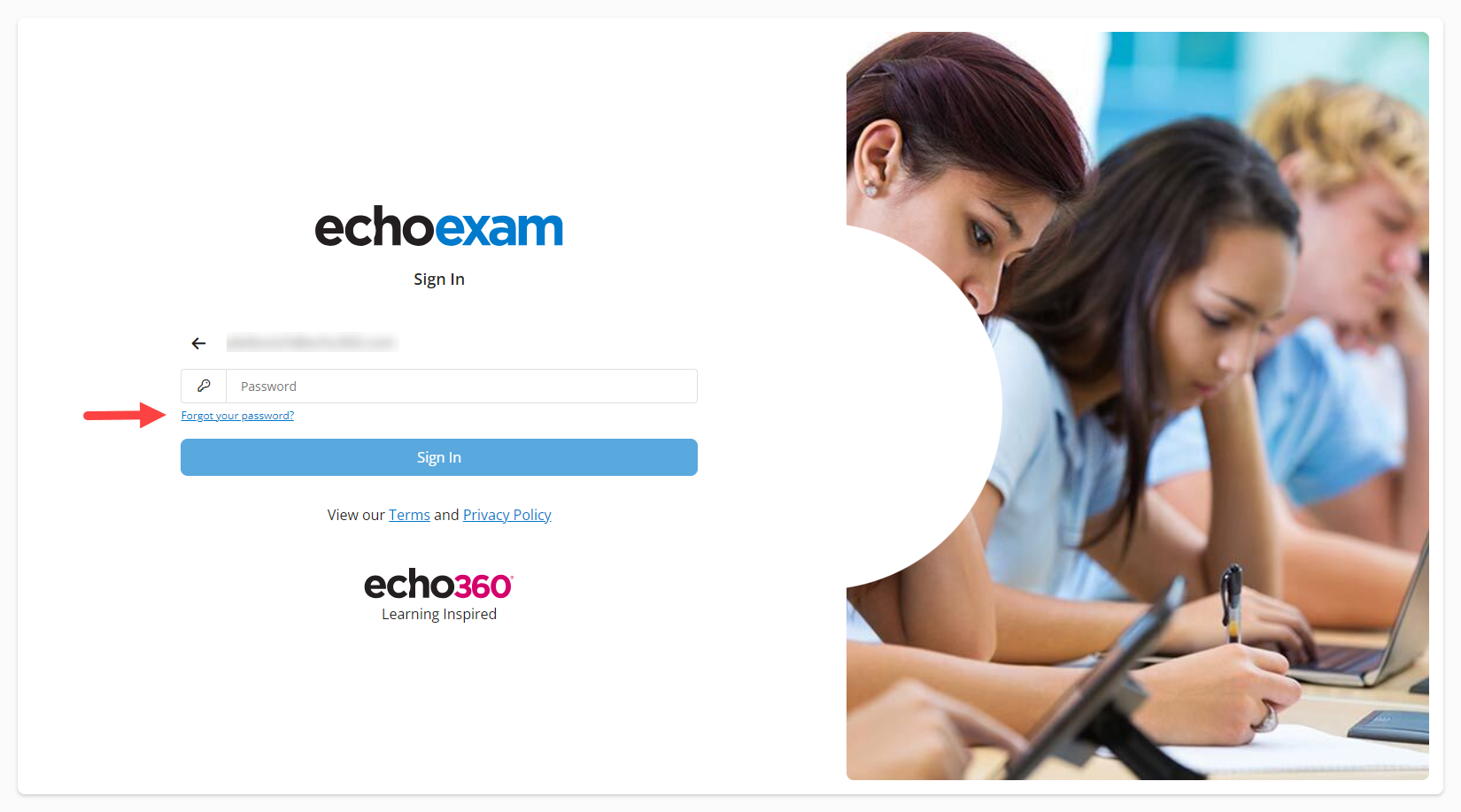 EchoExam screen with forgot your password link identified as described