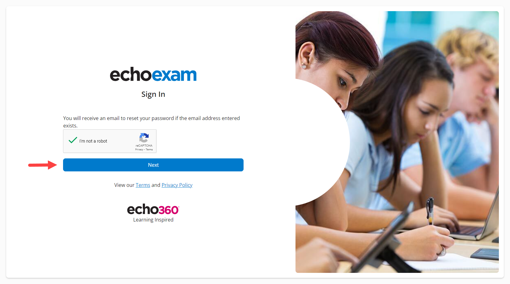 The EchoExam account screen prompting for completed reCAPTCHA with Next button identified