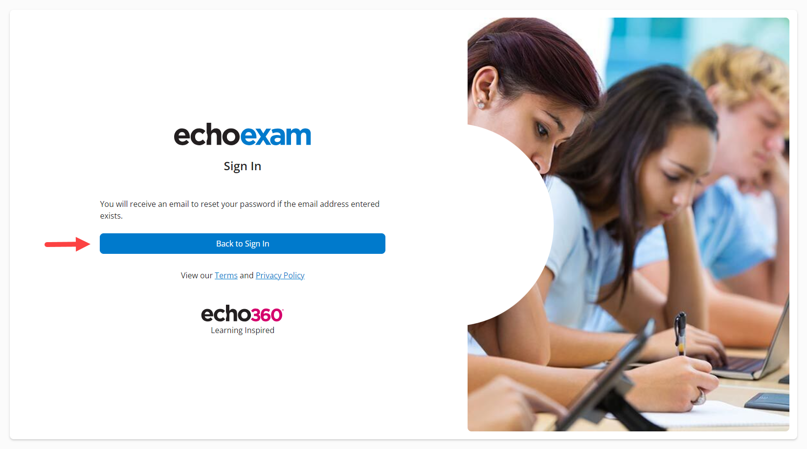 EchoExam screen with Back to sign in button identified as described