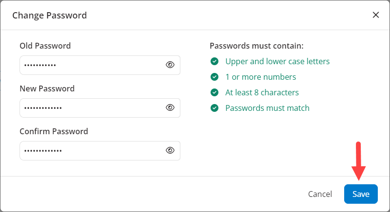 Change Password modal identified as described