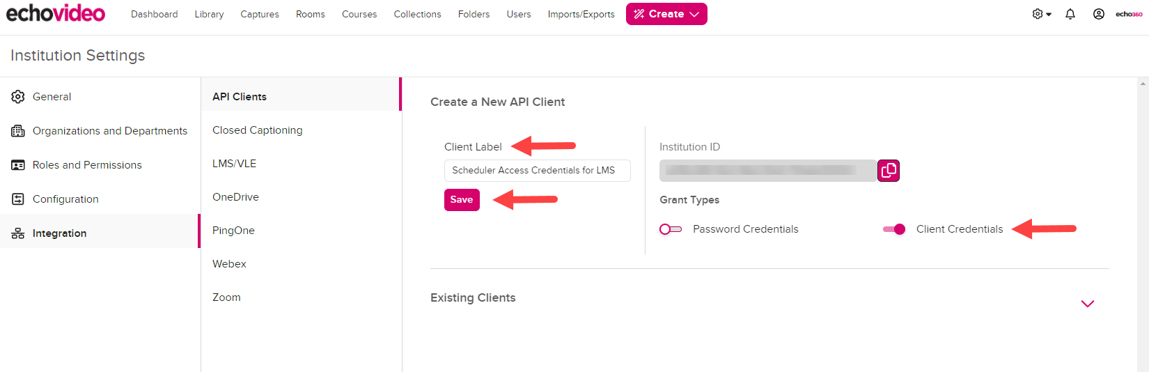 Institution configurations page for API client configurations with Client Label populated and Password Credentials slider disabled