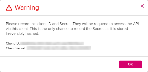 client ID and secret generated for access as described