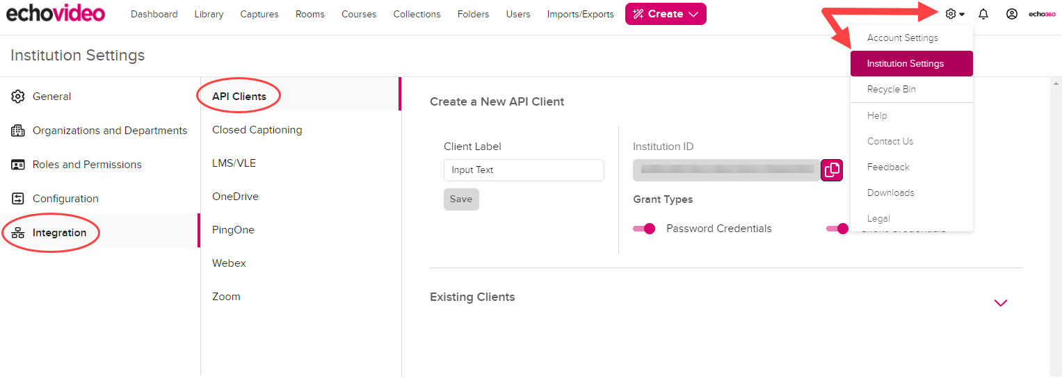 Institution configurations page for API client configurations