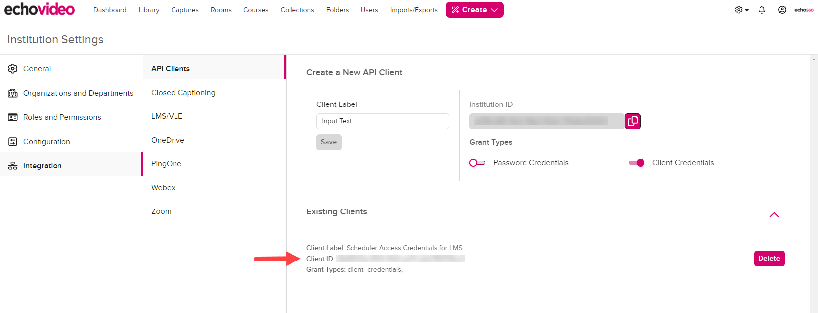 Completed API client configuration shows under Existing CLients