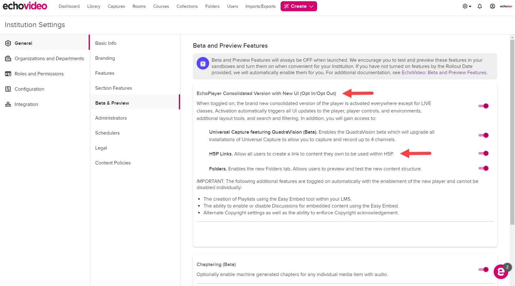 Institution Settings open to General, Beta and Preview Features, with the H5P toggle enabled as shown by the steps described