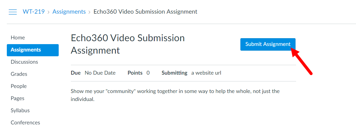 Student view of Echo360 video assignment with Submit Assignment
    button identified as described