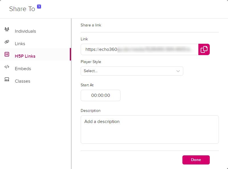 Share Modal with the H5P Links tab shown and a newly generated H5P link with all of the configurable options as described