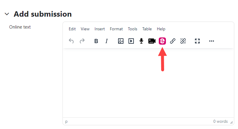 Submit online text submission for assignment in Moodle with Echo360 embed media button identified as described