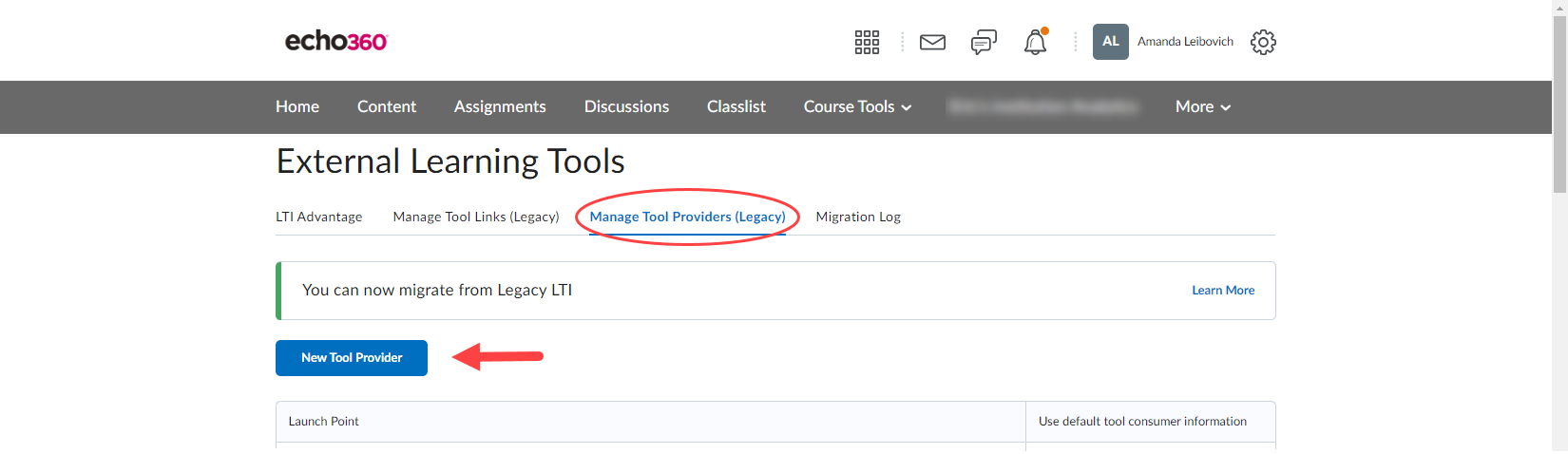 Bright Space External Learning Tool list with New Tool Provider button identified for steps as described