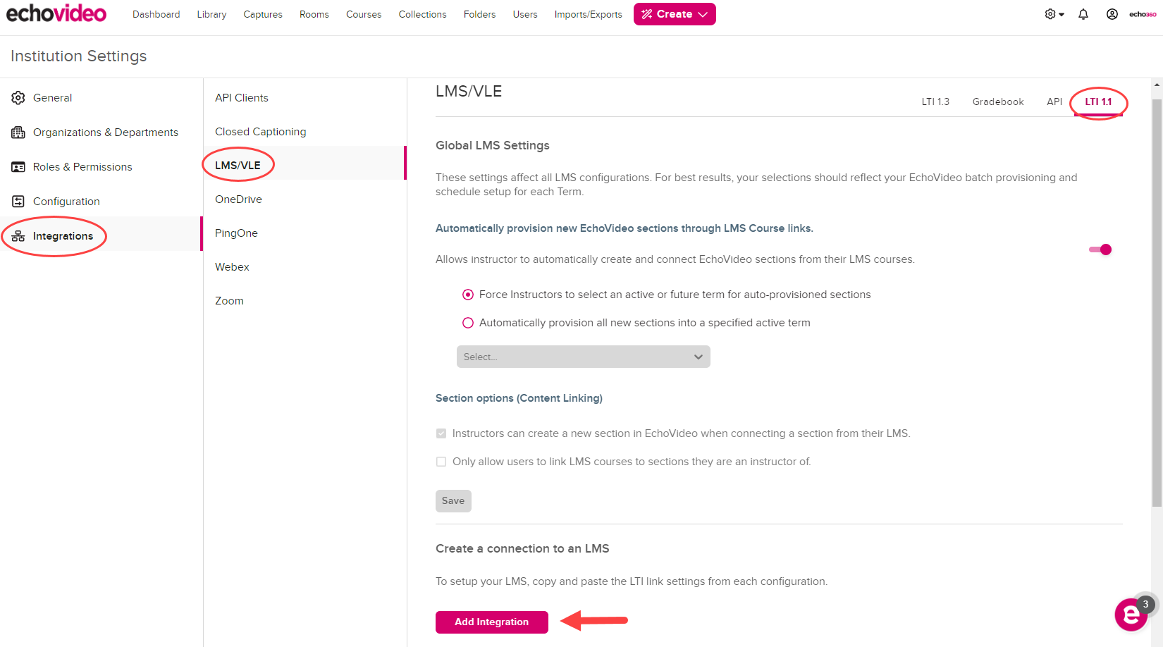 LMS 1.1 LTI configurations page with Add Integration button identified