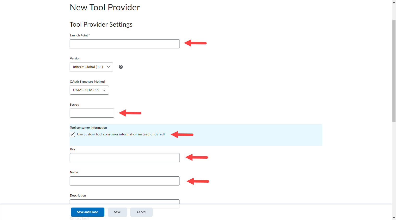 Brightspace New Tool Provider form with required fields identified for steps as described