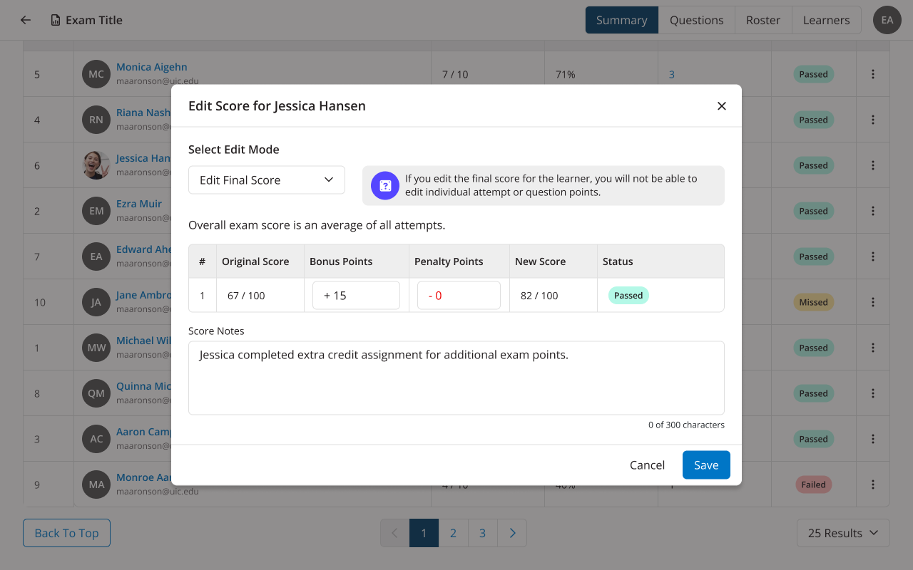 Summary tab of the Exam Summary Report showing editing a learner's exam score