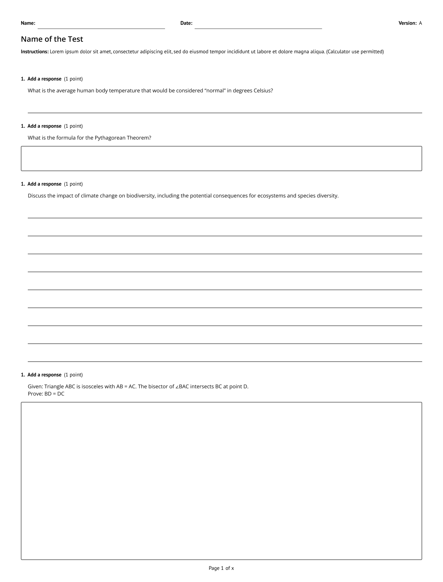 A printed test preview showing lines or an answer box option for questions