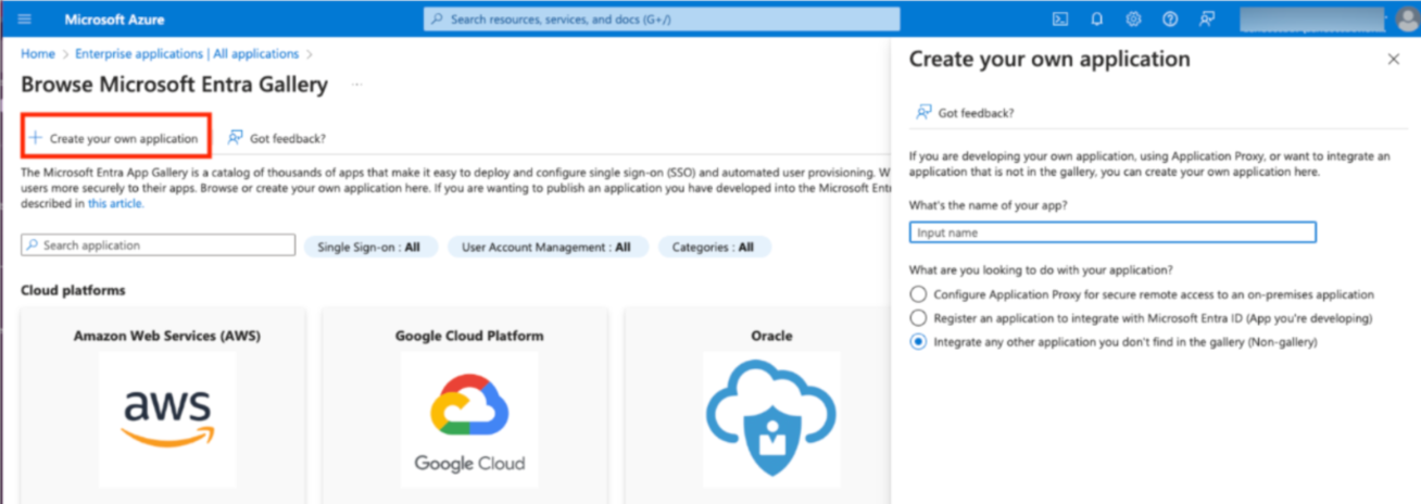 Microsoft Azure with Create your own application button indicated as described