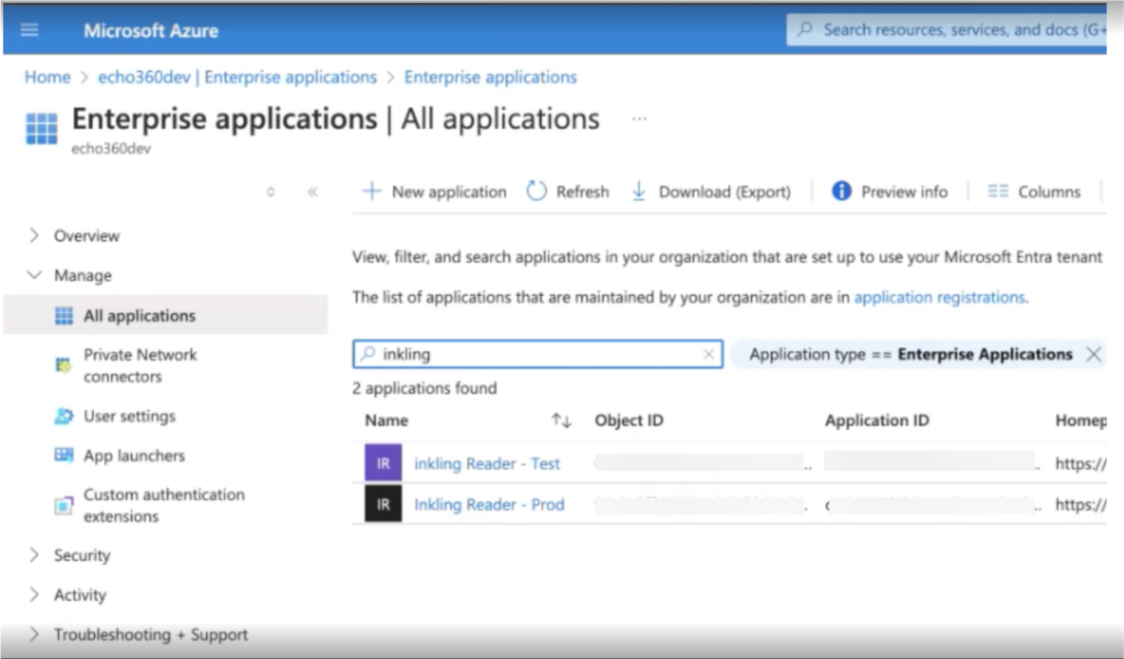 Microsoft Azure Enterprise applications with Inkling populated in the search as described