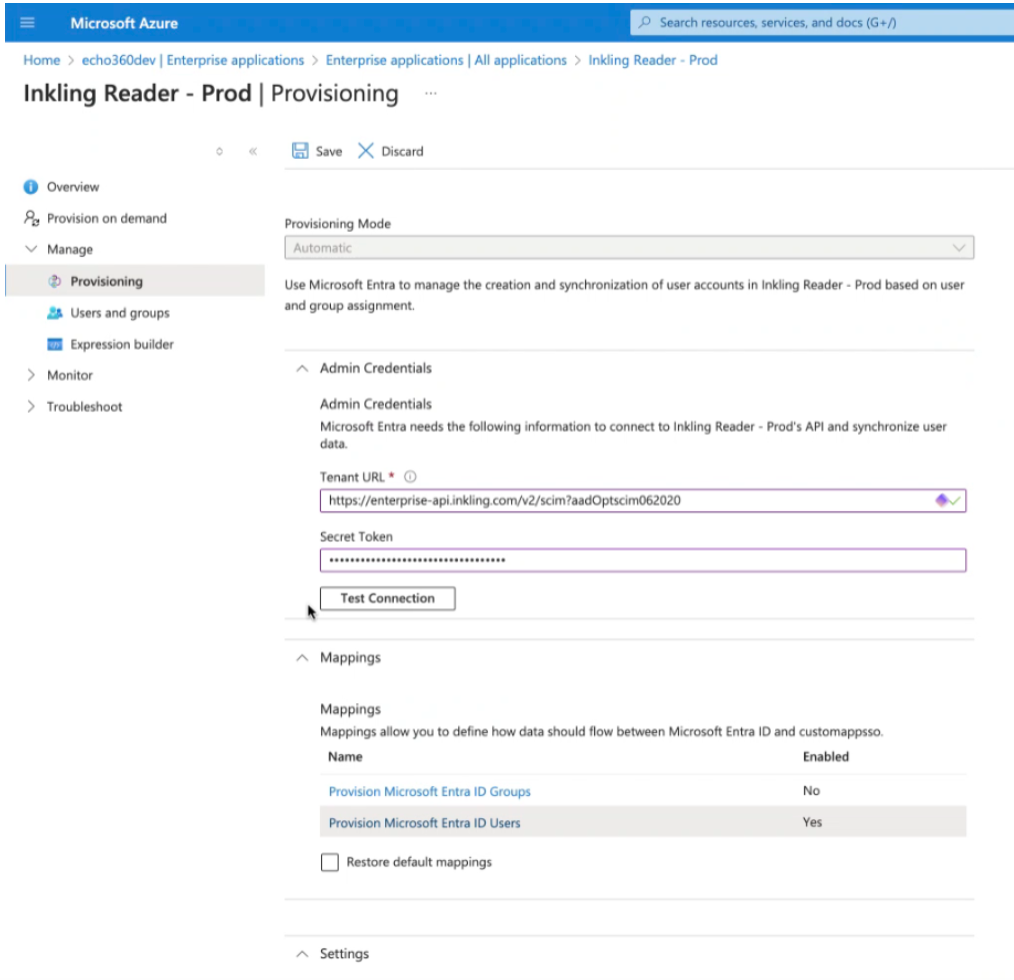 Provisioning screen with Target URL and Secret Token populated as described