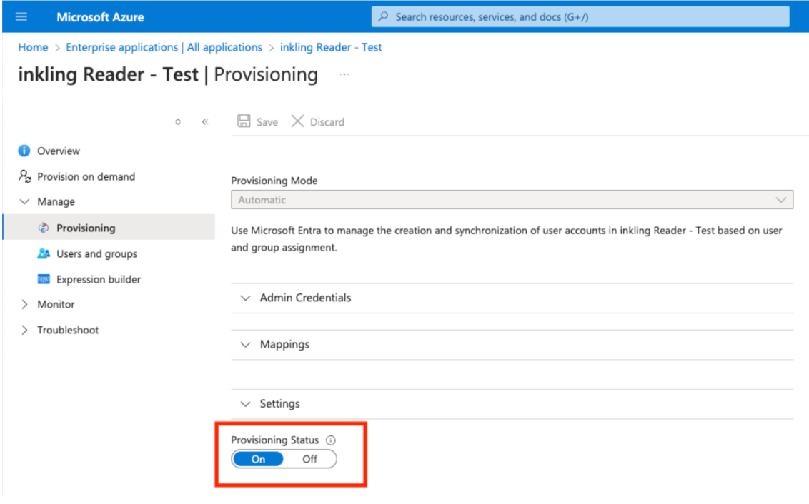 Provisioning Status toggled On as described