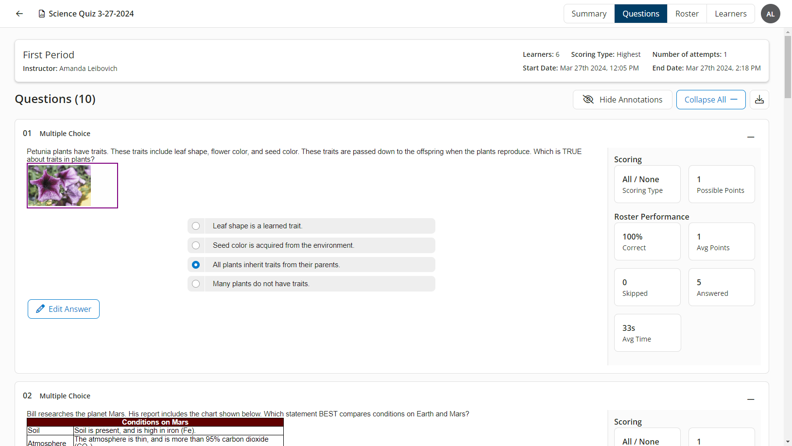 The Questions tab of the Instructor Exam Summary report showing expanded questions