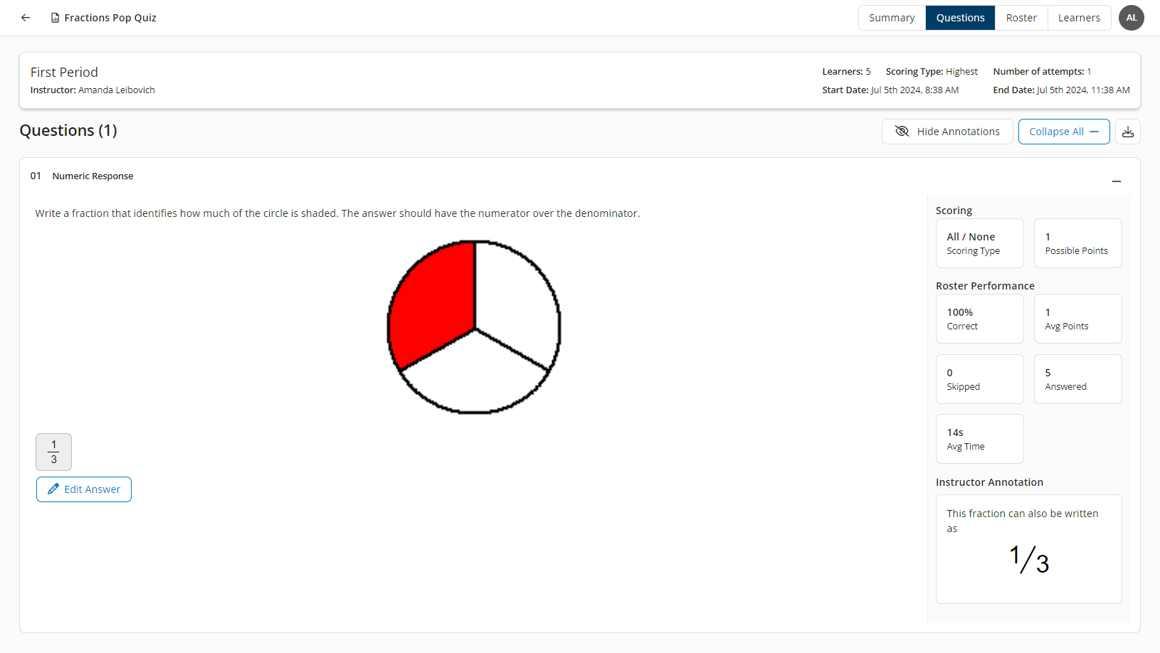 The Questions tab of the Instructor Exam Summary report showing an expanded question and the Instructor Annotation