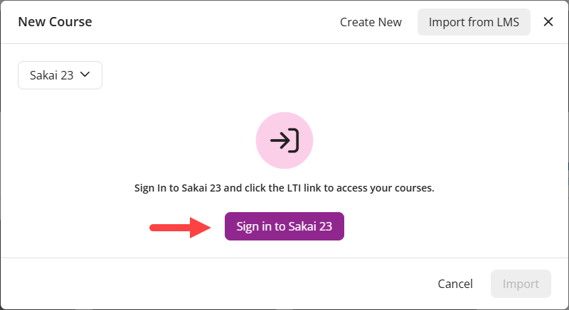 EchoPoll new course modal with the Import from LMS option identified and pointing to the sign in to LMS / VLE button