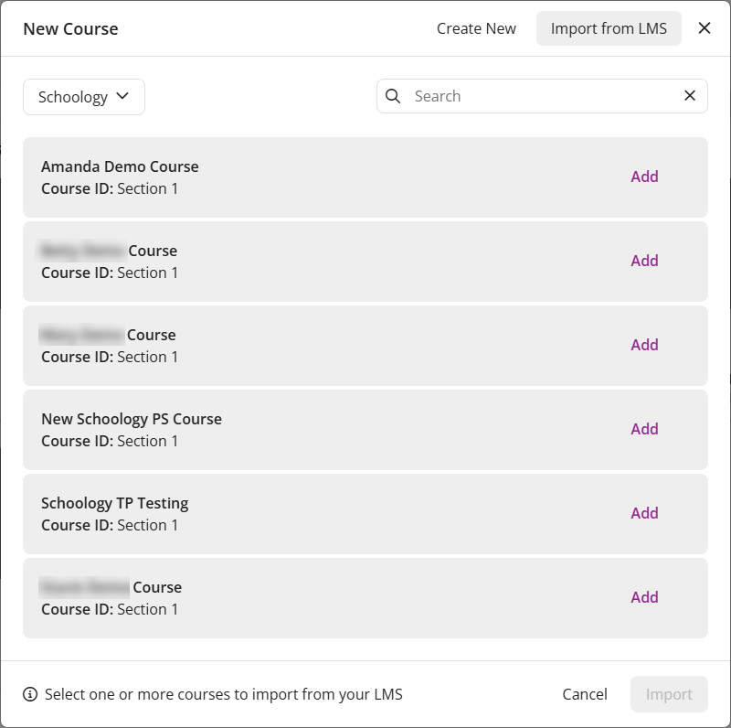 EchoPoll new course modal with the Import from LMS option highlighted showing a list of course from the LMS / VLE