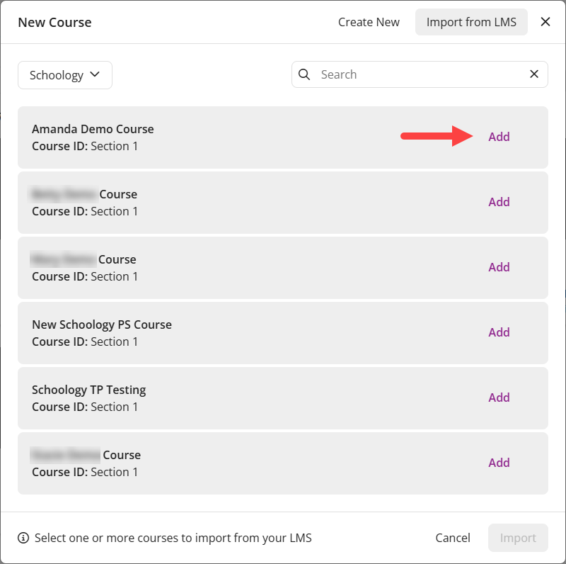 EchoPoll new course modal with the Import from LMS option highlighted pointing to the add button to add a course from the LMS / VLE