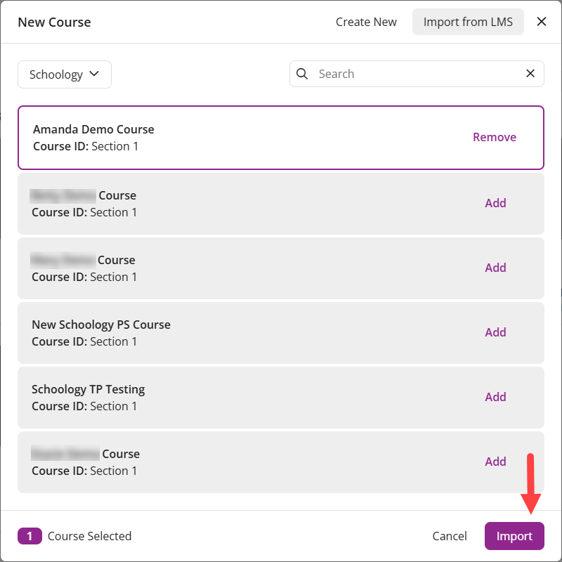 EchoPoll new course modal with the Import from LMS option highlighted pointing to the Import button