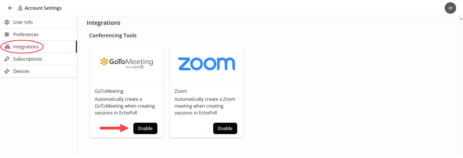 EchoPoll Integrations page with Zoom Enable button identified as described