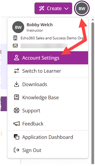 EchoPoll Dashboard with User Menu open and Account Settings selected as described