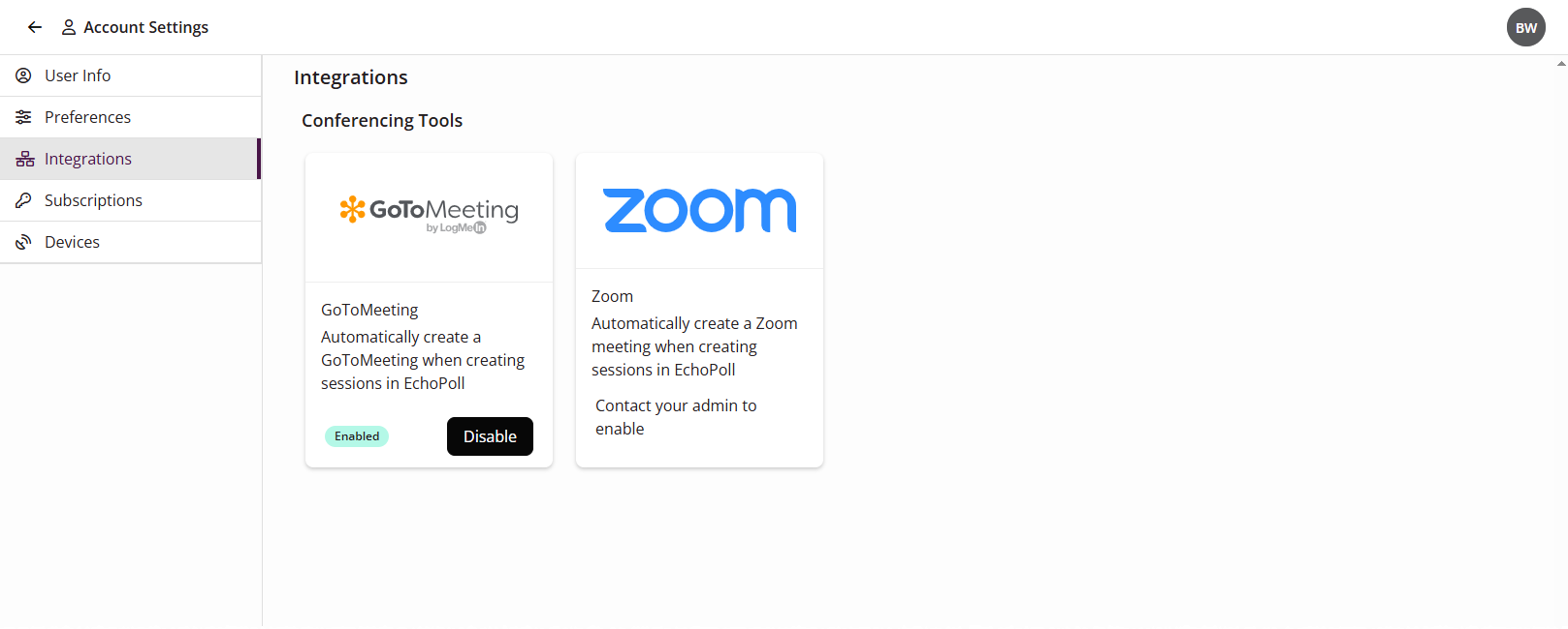 EchoPoll GoToMeeting showing Enabled on the Integrations tab