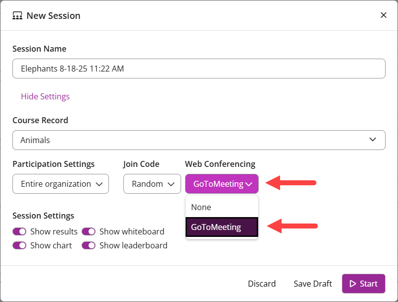 Session settings with Web Conferencing dropdown and Zoom identified as described