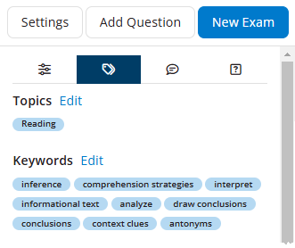 EchoExam Test Editor showing the metadata tab identified