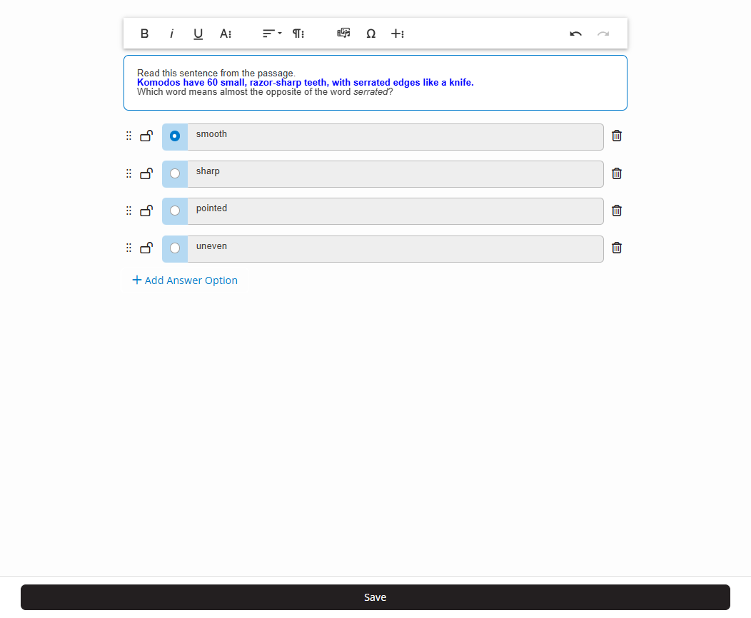 EchoExam Test Editor showing a question being edited and the save button active