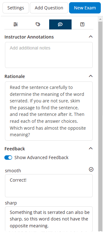 EchoExam Test Editor showing the feedback and rationale tab identified