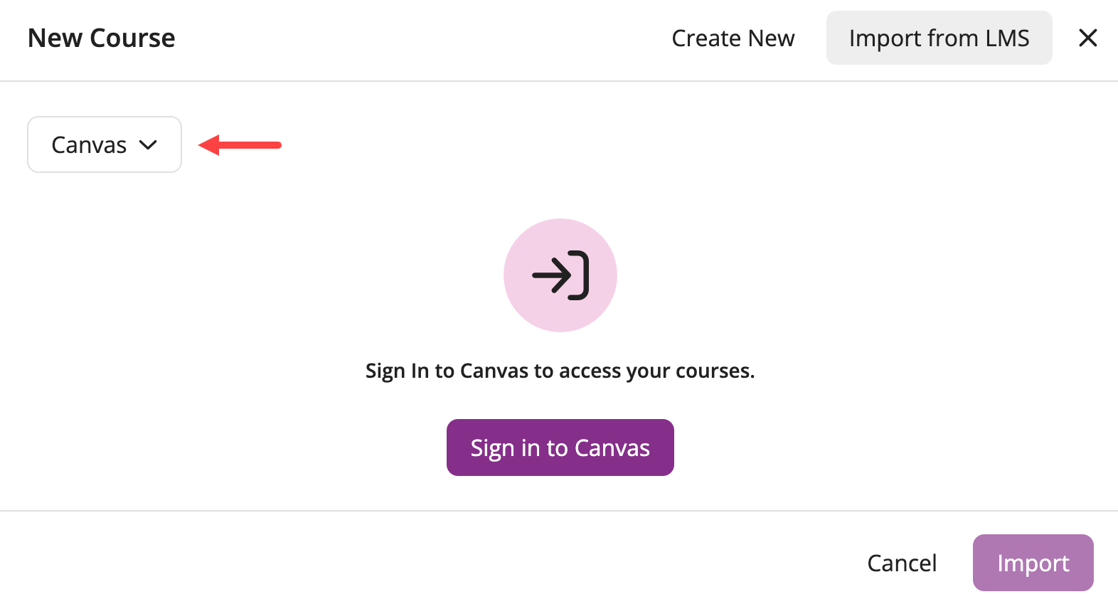 EchoPoll new course modal with the Import from LMS option identified and pointing to the LMS / VLE course selection