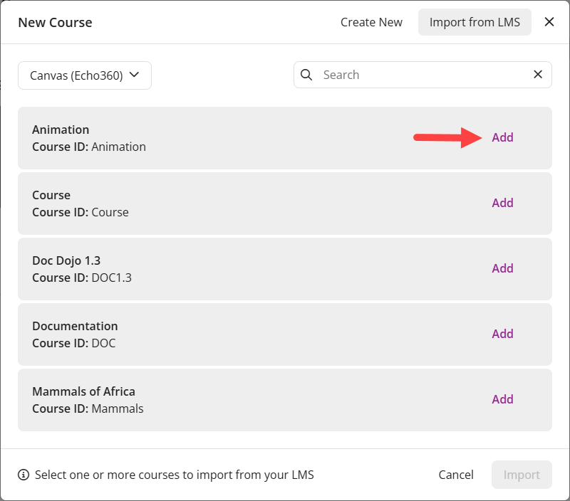 EchoPoll new course modal with the Import from LMS option highlighted pointing to the add button to add a course from the LMS / VLE