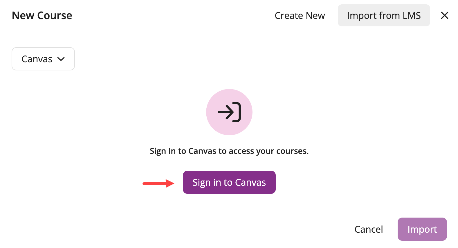 EchoPoll new course modal with the Import from LMS option identified and pointing to the sign in to LMS / VLE button