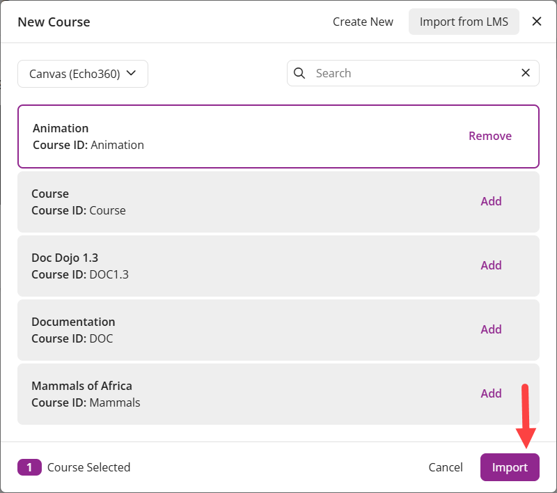 EchoPoll new course modal with the Import from LMS option highlighted pointing to the Import button