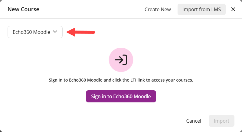 EchoPoll new course modal with the Import from LMS option identified and pointing to the LMS / VLE course selection