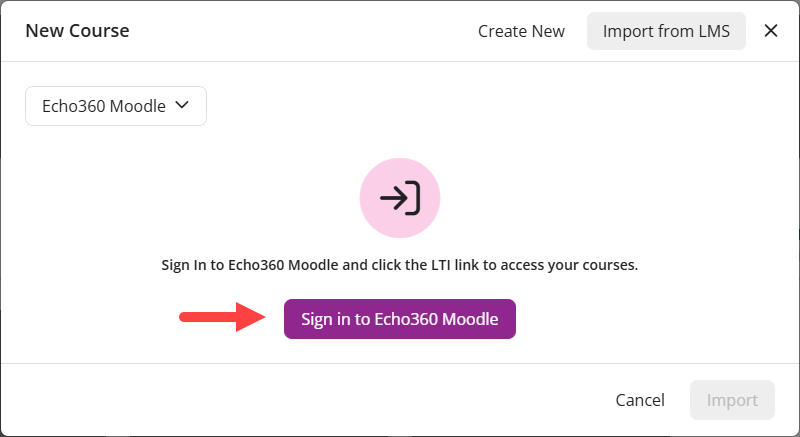 EchoPoll new course modal with the Import from LMS option identified and pointing to the sign in to LMS / VLE button