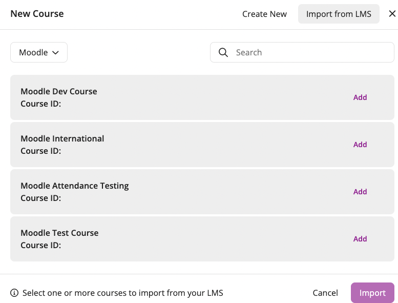 EchoPoll new course modal with the Import from LMS option highlighted showing a list of course from the LMS / VLE