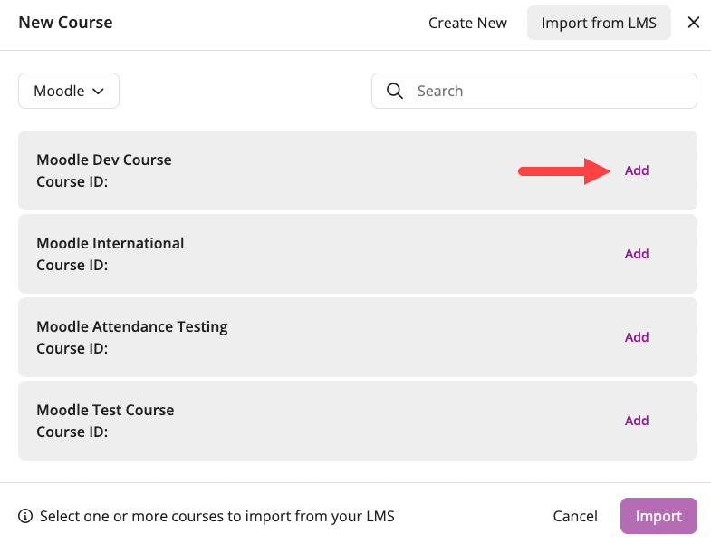 EchoPoll new course modal with the Import from LMS option highlighted pointing to the add button to add a course from the LMS / VLE