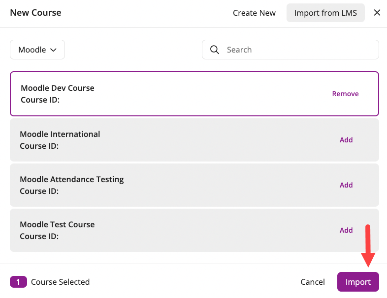 EchoPoll new course modal with the Import from LMS option highlighted pointing to the Import button