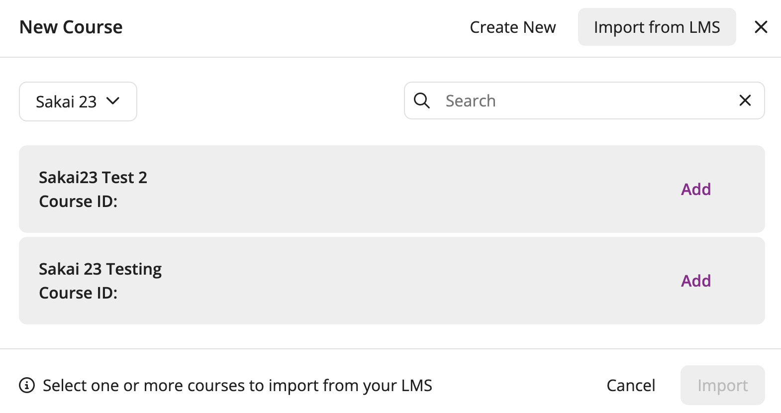 EchoPoll new course modal with the Import from LMS option highlighted showing a list of course from the LMS / VLE