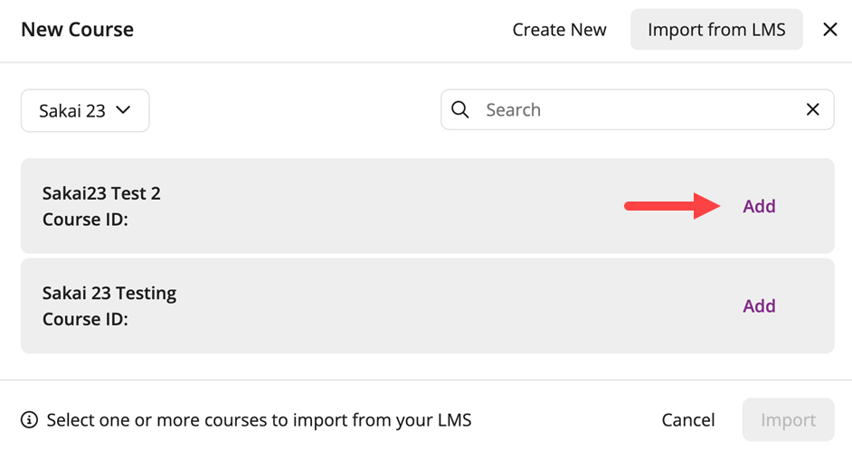 EchoPoll new course modal with the Import from LMS option highlighted pointing to the add button to add a course from the LMS / VLE