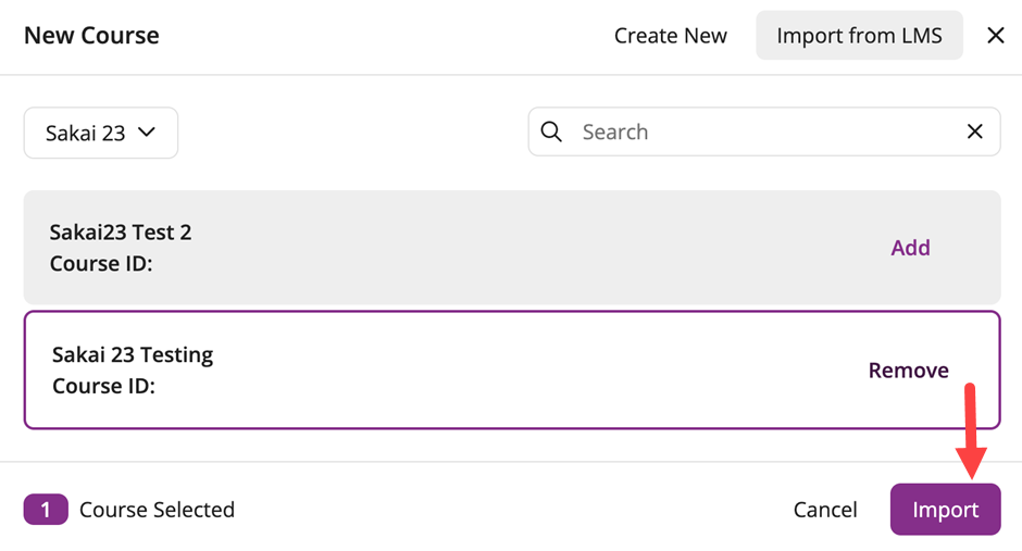 EchoPoll new course modal with the Import from LMS option highlighted pointing to the Import button