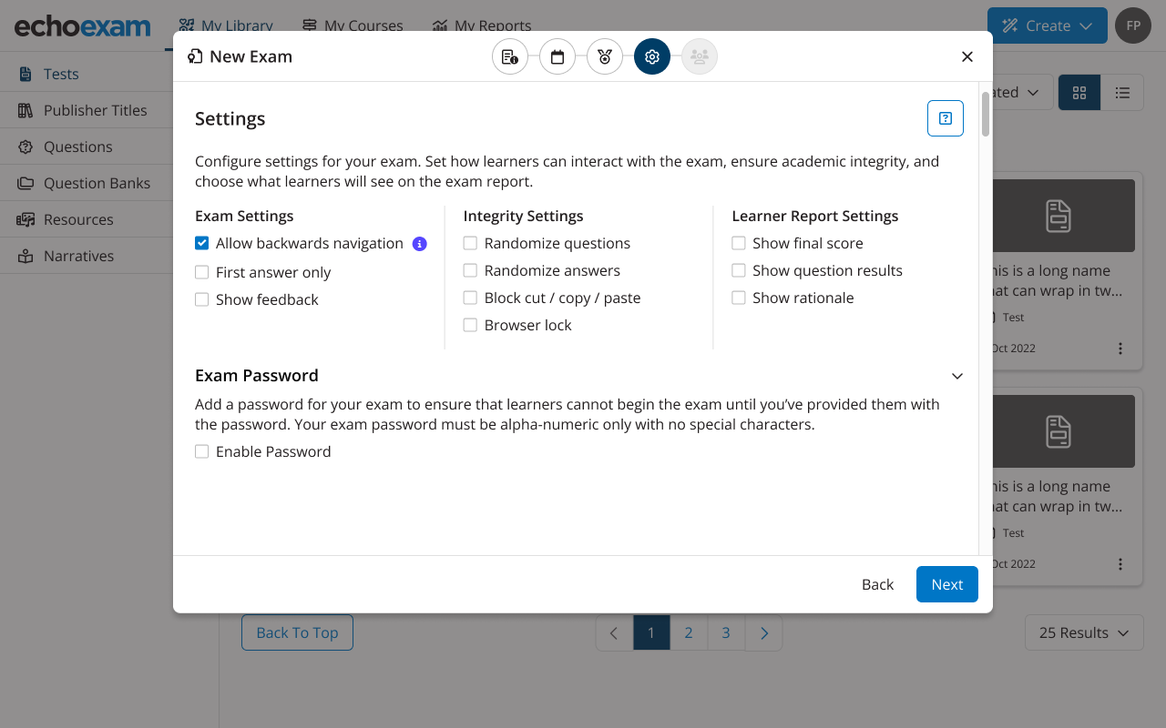 Instructors have the option to allow or disallow backwards navigation when creating
  an exam