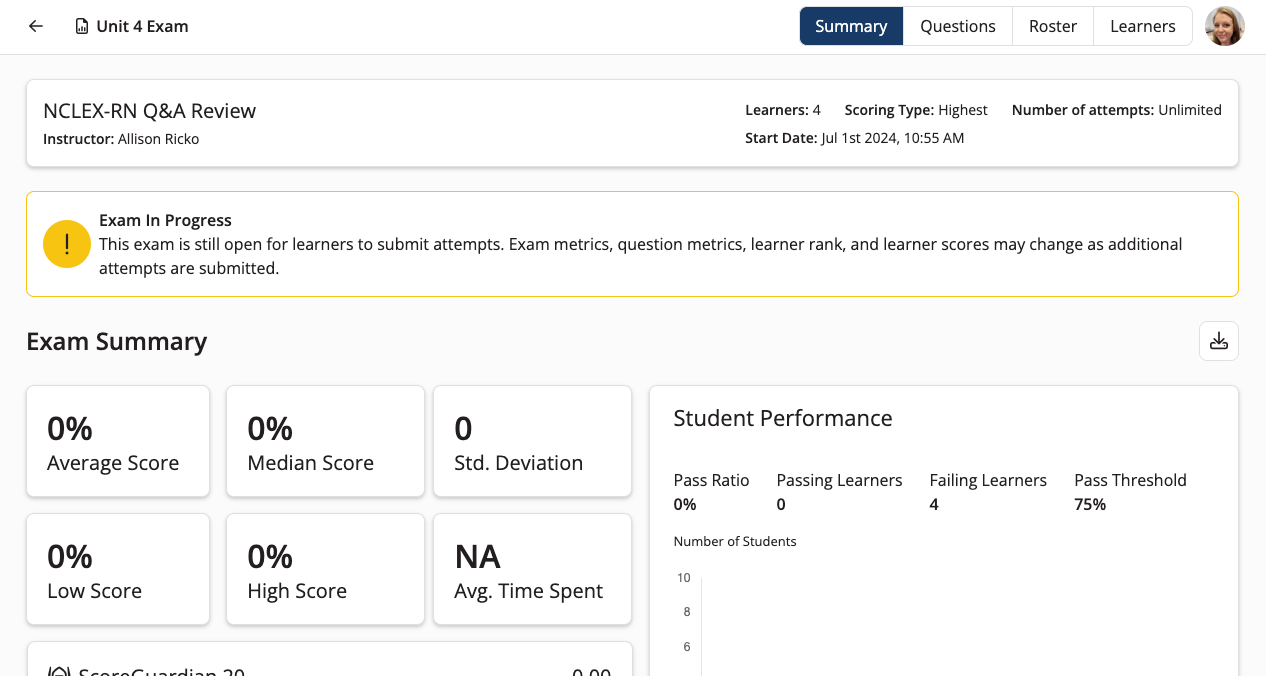 Reports for exams that are still in progress will include a warning on all report
  tabs so that instructors and administrators are aware that metrics and results
  are not yet final and learners may still be working on additional attempts