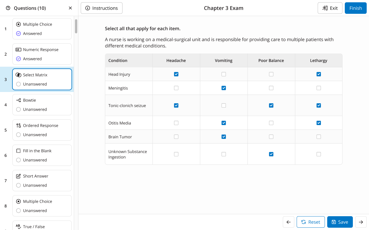 When completing an exam attempt, learners will save each question as they complete
  it and will have the option to reset their response, based on the instructor's
  settings for the exam